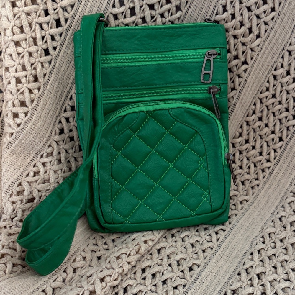 Green Faux Leather Quilted Crossbody Bag